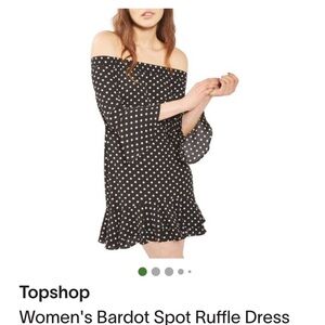 Topshop▫️Women’s Bardot Spot Ruffle dress. polka dot,  off the shoulder, black